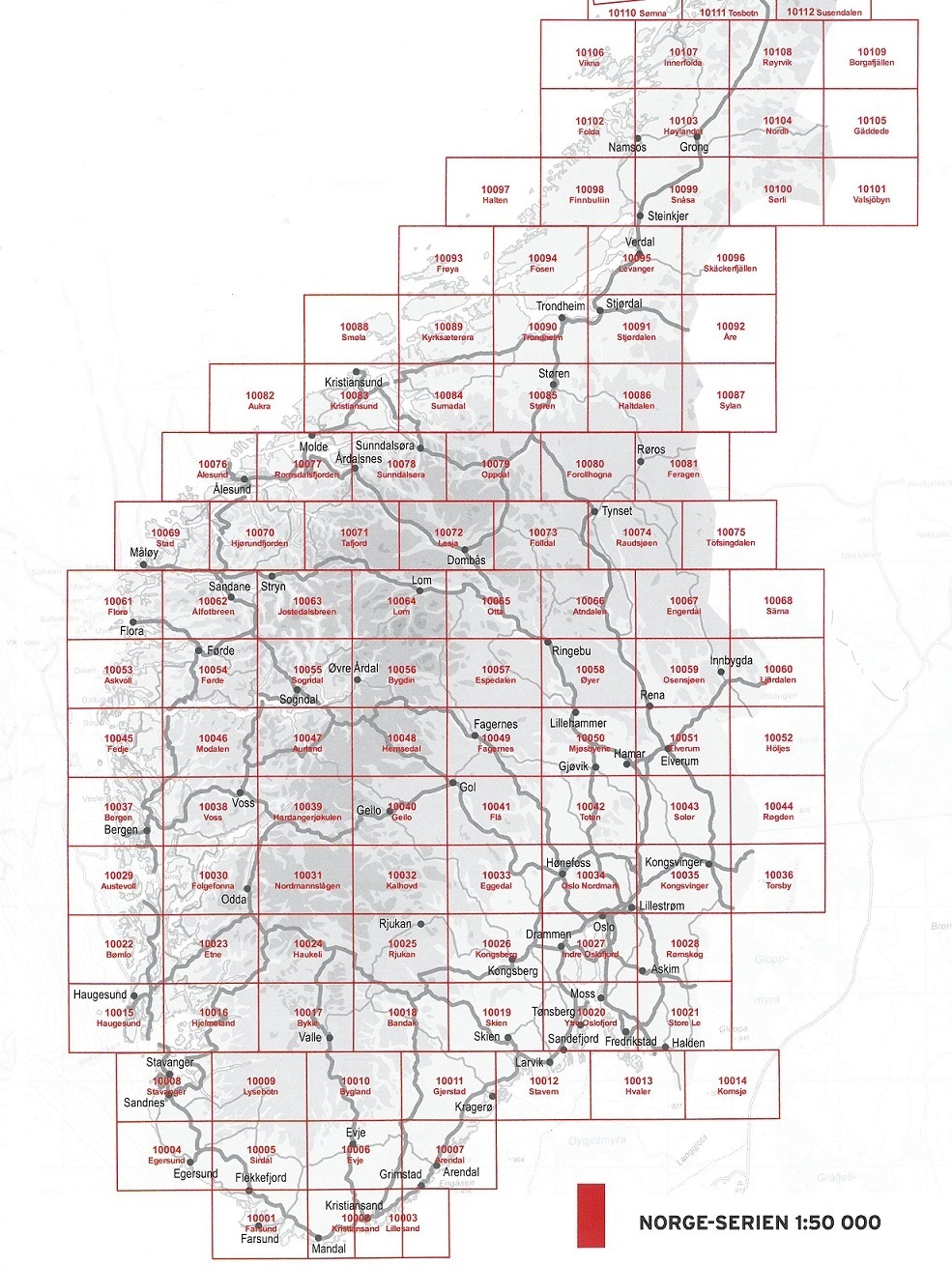 Overzicht topografische kaarten Noorwegen Zuid 1:50.000 Norge Serien